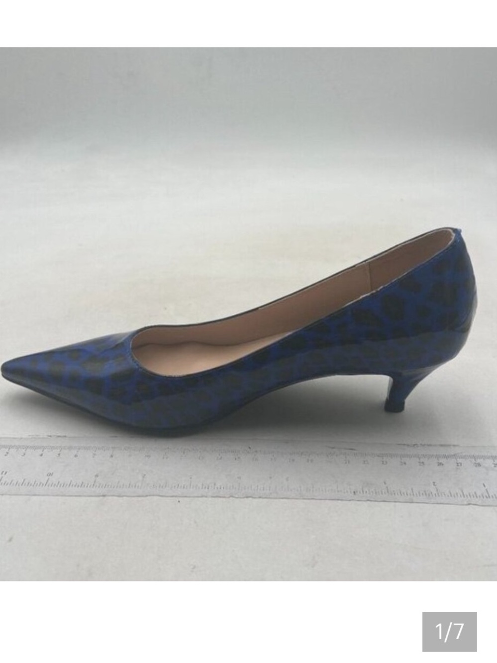 Blue Leopard Print Pointed Kitten Heel Pumps